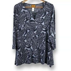 Ruby Rd Womens Paisley Top 3/4 Sleeve Tunic V Neck Stretch Blouse Black Large